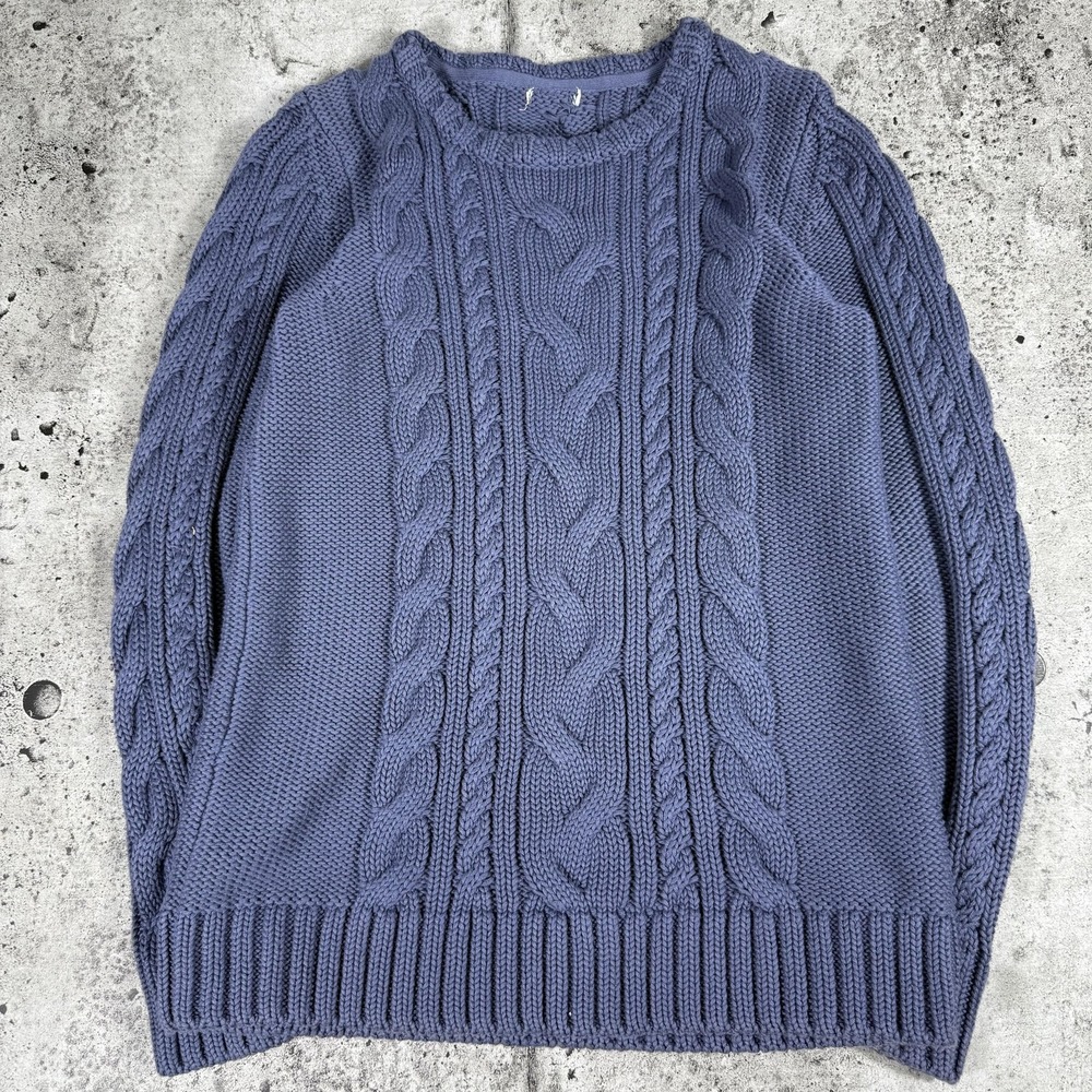 LL Bean Sweater Womens S Blue 100% Cotton Cable Knit Crewneck Pullover Warm